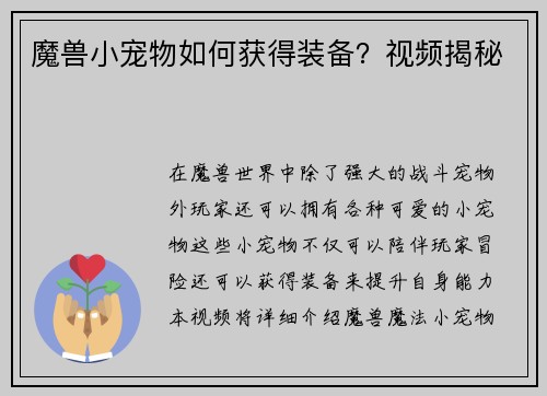魔兽小宠物如何获得装备？视频揭秘
